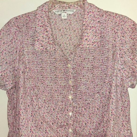 TOMMY HILFIGER Pink Floral Short Sleeve Floral Button down Blouse Top Sz 14 - Picture 4 of 8